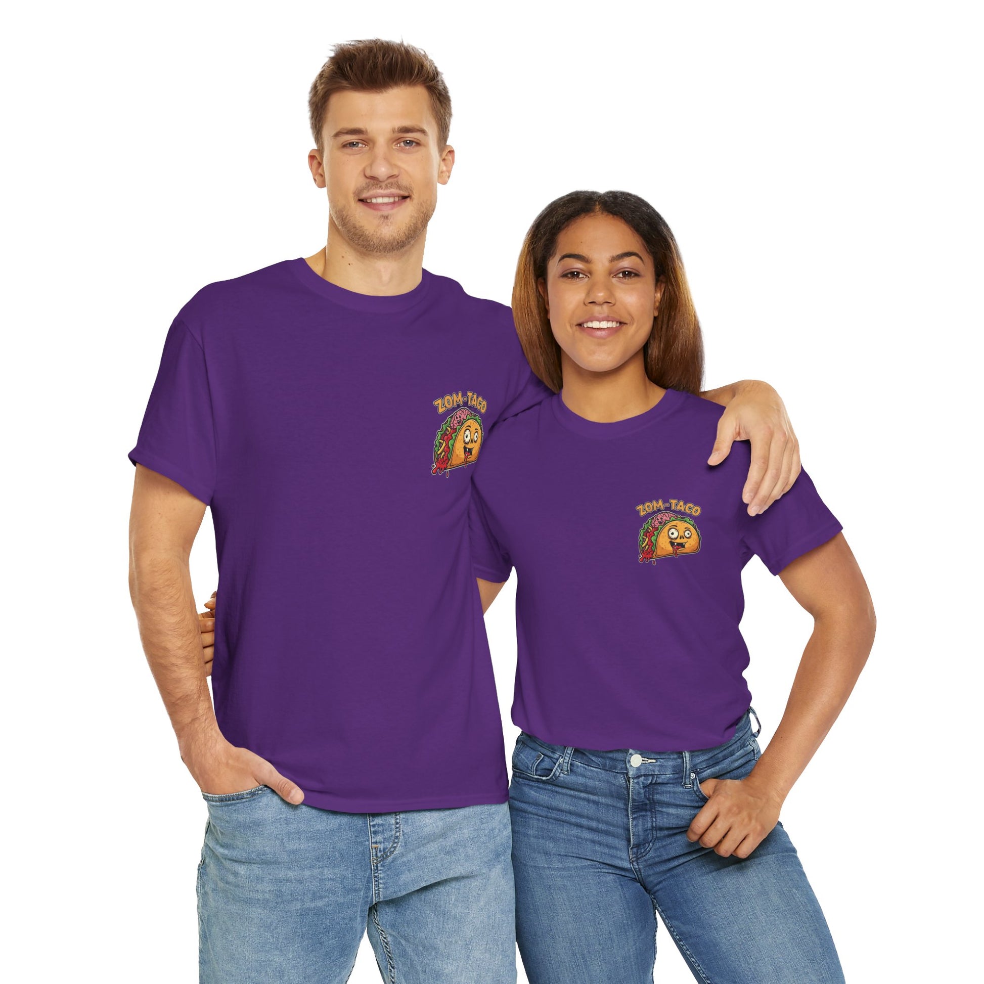 Two people wearing purple t-shirts with a logo on a white background