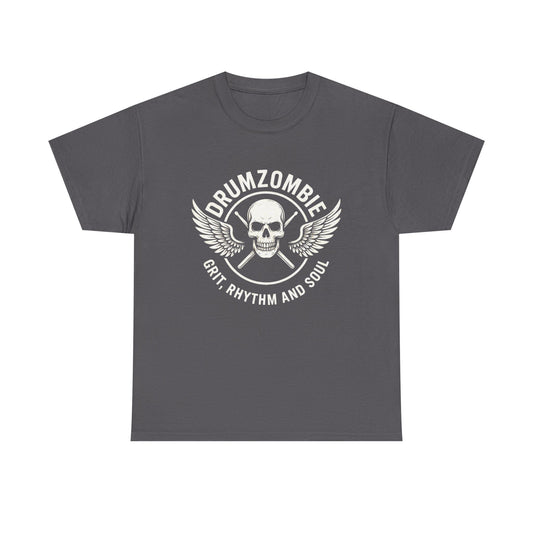DrumZombie Grit, Rhythm and Soul Tee | Winged Skull Graphic Shirt for Musicians, Drummers, and Rock Fans