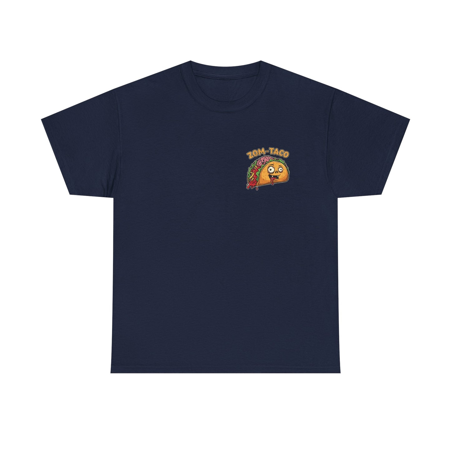Navy blue t-shirt with a cartoon taco design on a white background