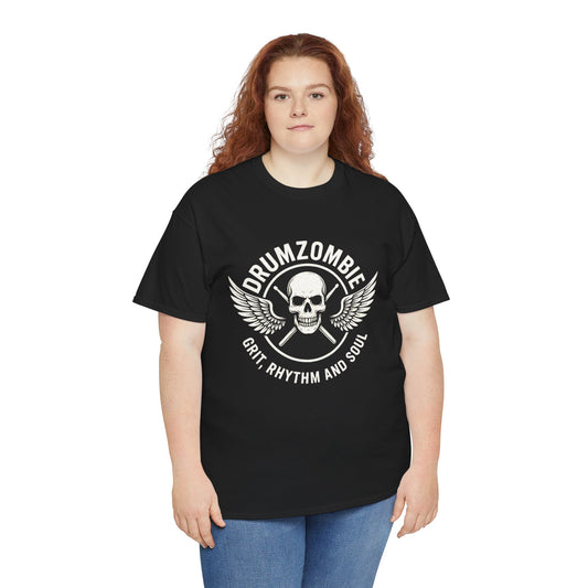 DrumZombie Grit, Rhythm and Soul Tee | Winged Skull Graphic Shirt for Musicians, Drummers, and Rock Fans