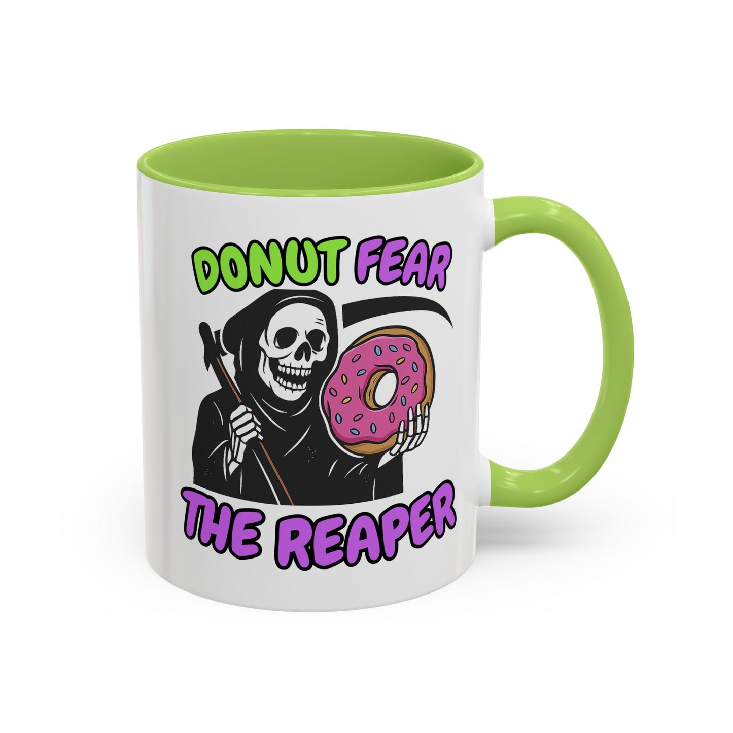 Donut Fear The Reaper Accent Mug | Funny Grim Reaper Coffee Cup | Neon & Black Ceramic Mug | 11oz & 15oz