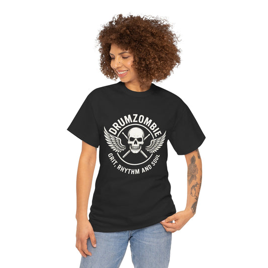 DrumZombie Grit, Rhythm and Soul Tee | Winged Skull Graphic Shirt for Musicians, Drummers, and Rock Fans