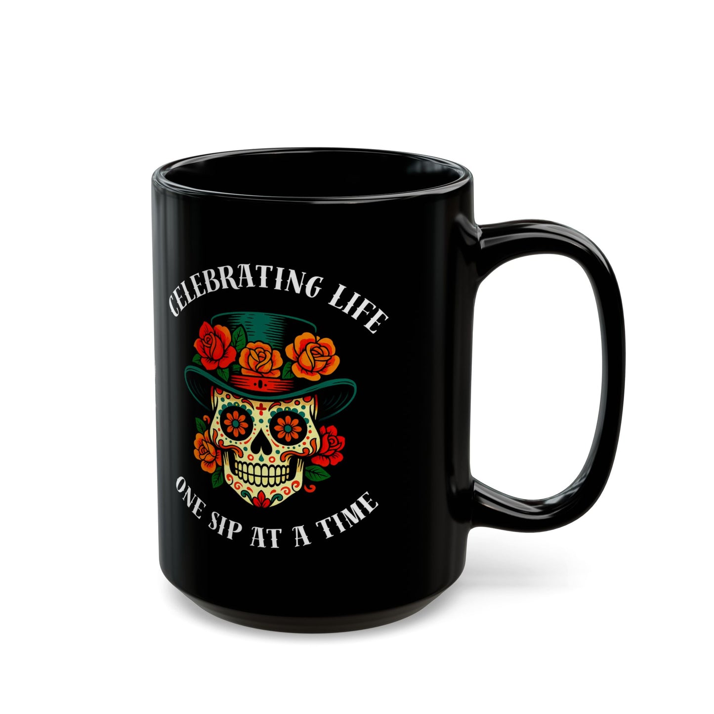 Elegant black ceramic mug featuring colorful Day of the Dead sugar skull with top hat and roses in sophisticated cultural design