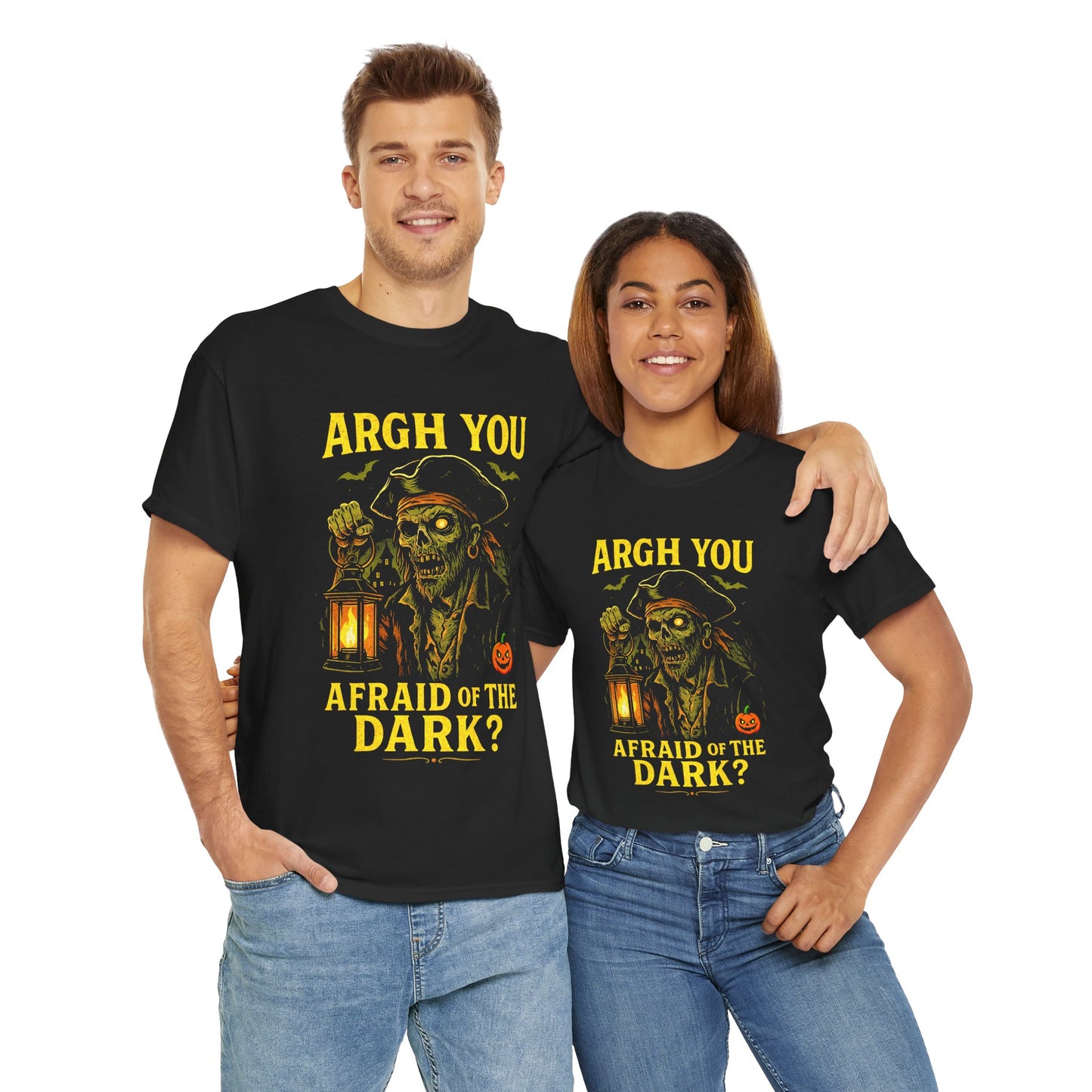 "Argh You Afraid of the Dark?" Zombie Pirate Halloween T-Shirt | Captain Brinehook's Cursed Lantern Tee