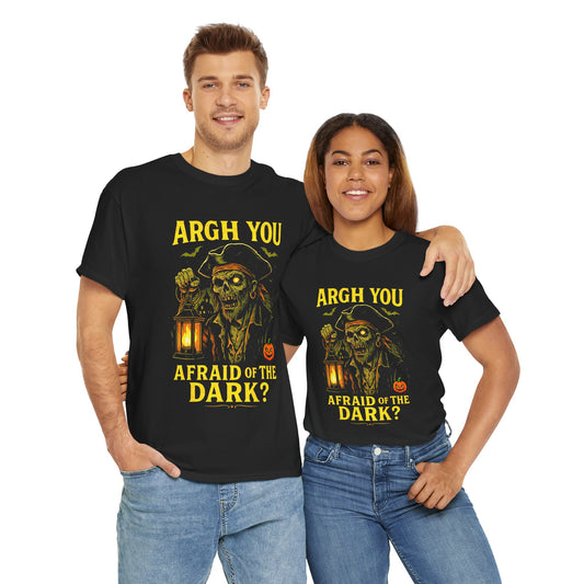 "Argh You Afraid of the Dark?" Zombie Pirate Halloween T-Shirt | Captain Brinehook's Cursed Lantern Tee