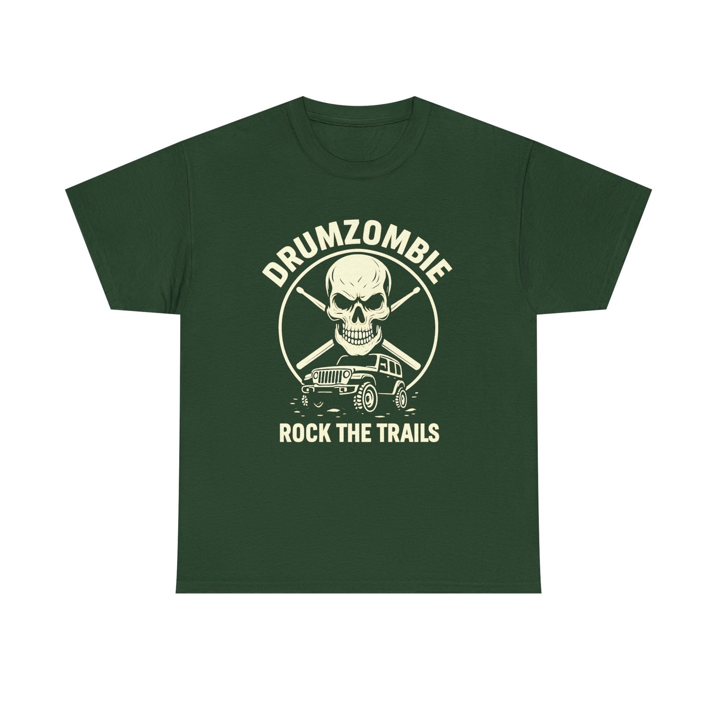 DrumZombie Rock the Trails T-Shirt | Skull & Jeep Graphic Tee for Off-Roaders, Drummers, Music Fans