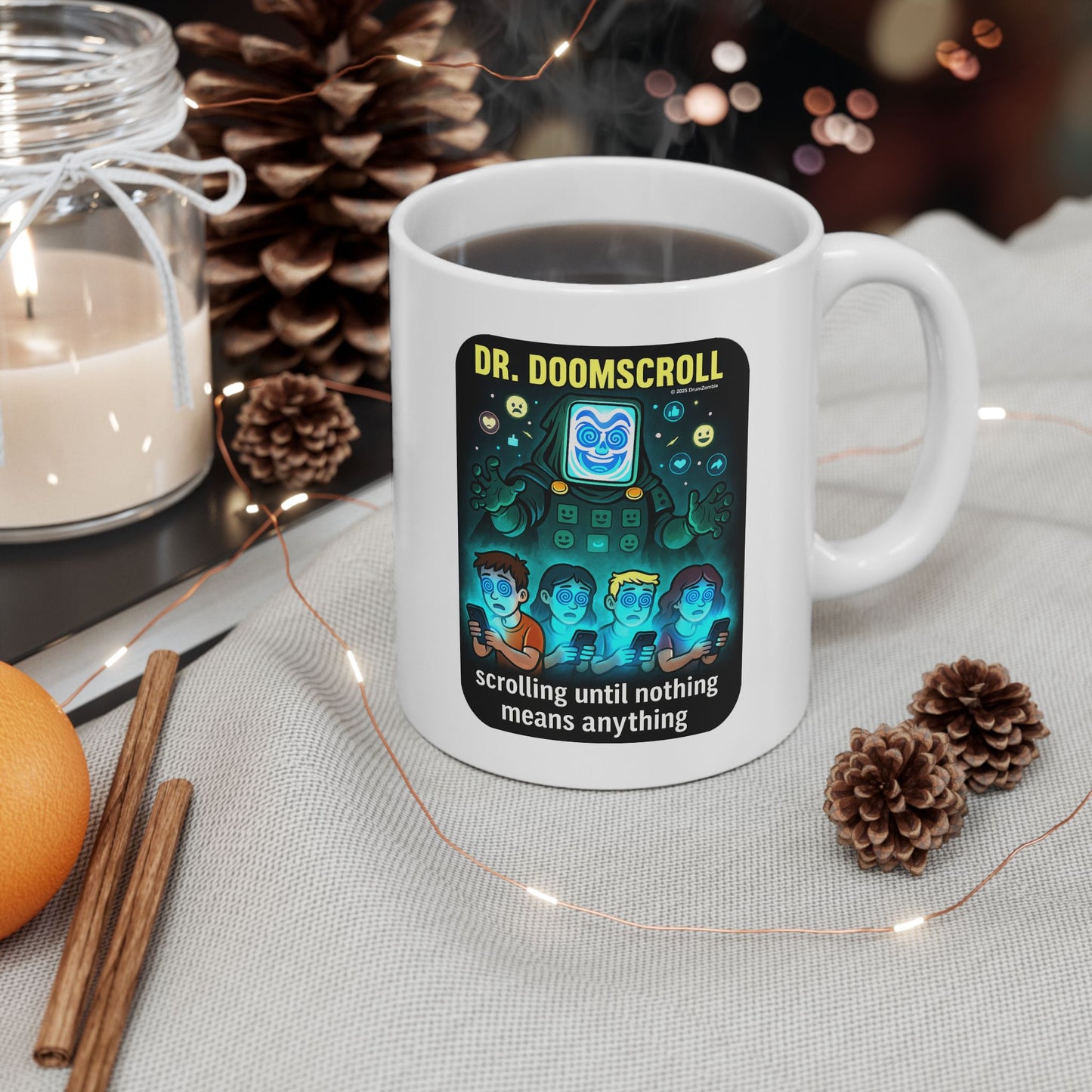 Dr. DoomScroll White Mug – Dark Weird Anti-Scrolling Coffee Cup