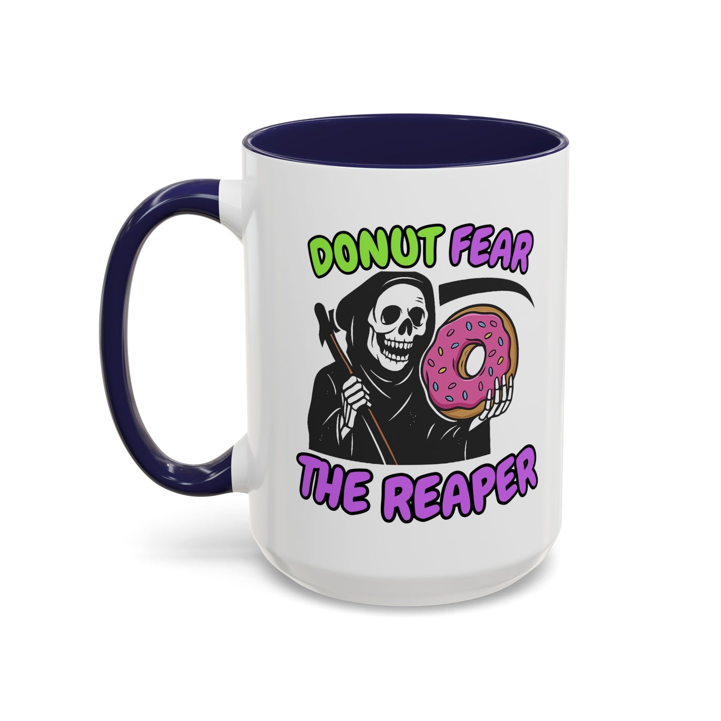 Donut Fear The Reaper Accent Mug | Funny Grim Reaper Coffee Cup | Neon & Black Ceramic Mug | 11oz & 15oz