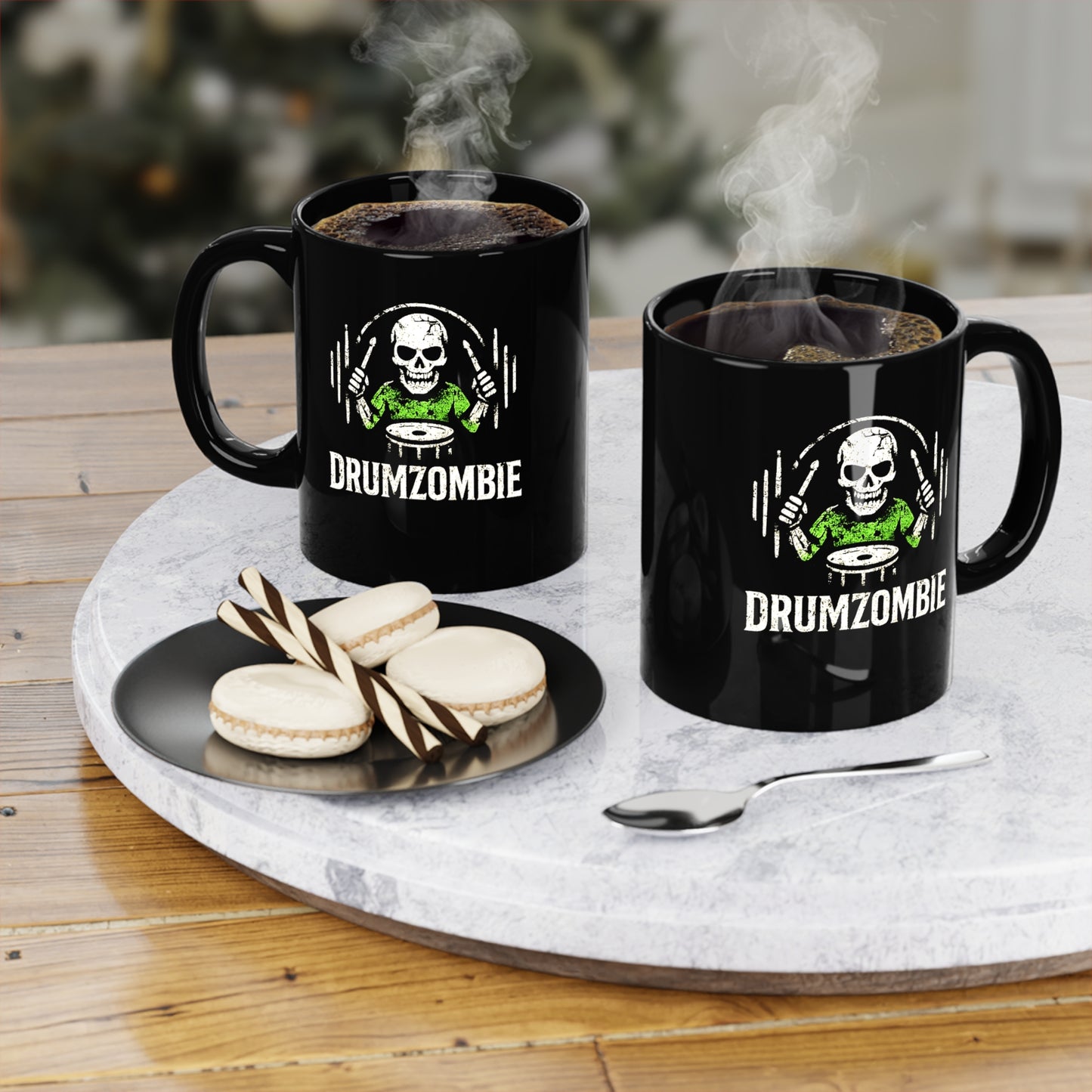 Drumzombie Coffee Mug, Skull Drummer Gift, Black Ceramic Coffee Cup for Musicians, Halloween Decor, Drummer's Present