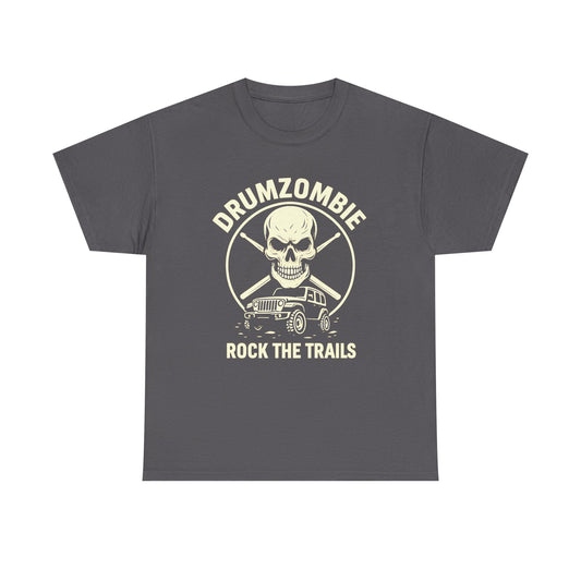 DrumZombie Rock the Trails T-Shirt | Skull & Jeep Graphic Tee for Off-Roaders, Drummers, Music Fans