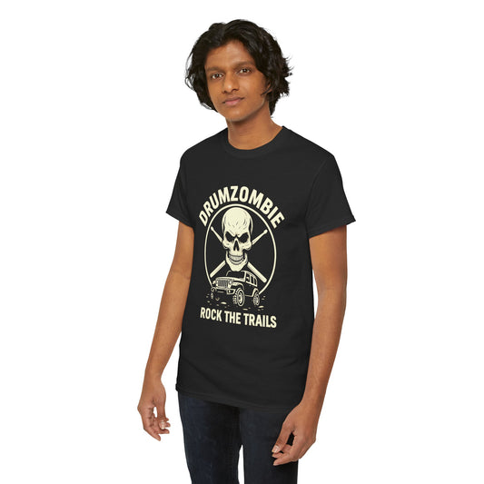 DrumZombie Rock the Trails T-Shirt | Skull & Jeep Graphic Tee for Off-Roaders, Drummers, Music Fans