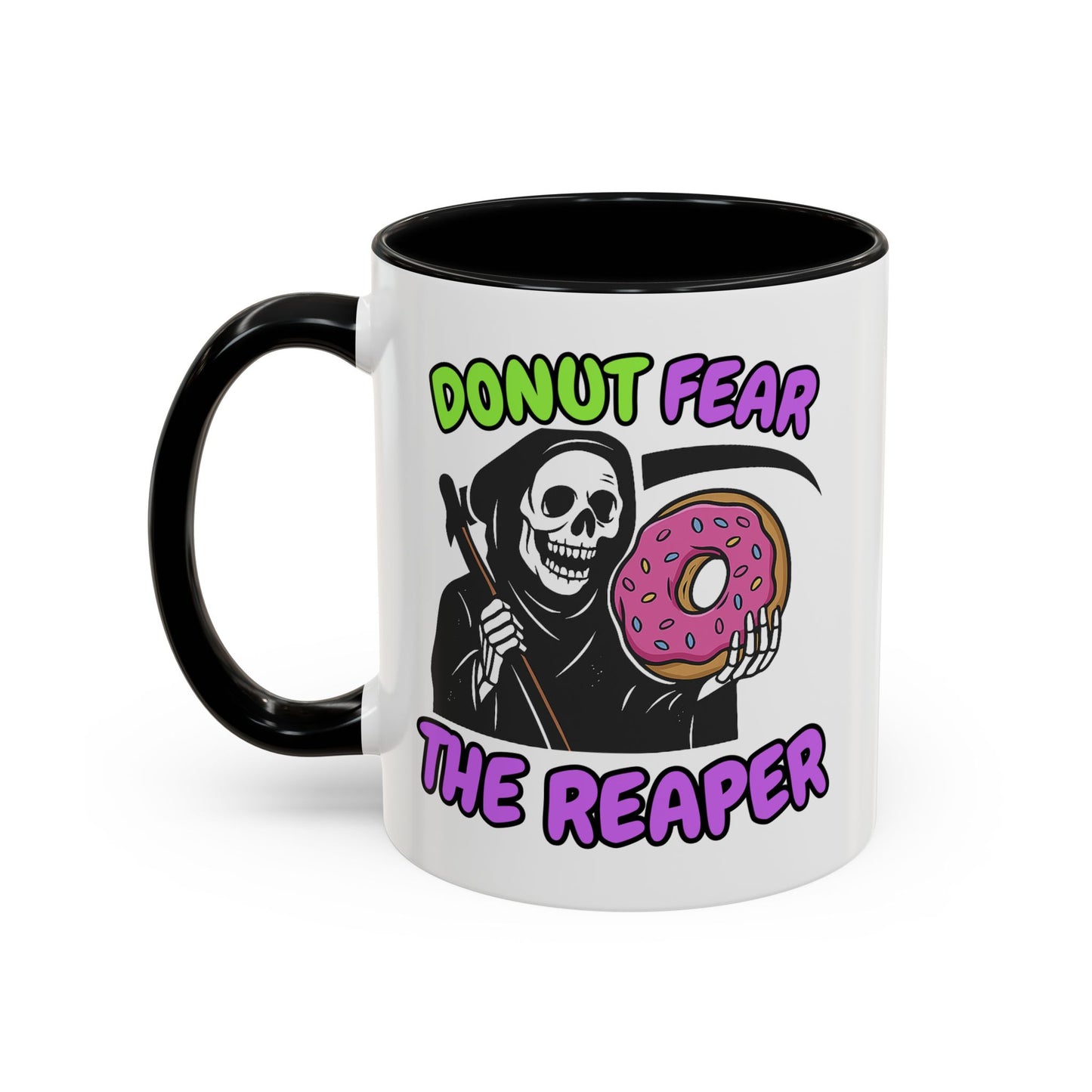Donut Fear The Reaper Accent Mug | Funny Grim Reaper Coffee Cup | Neon & Black Ceramic Mug | 11oz & 15oz