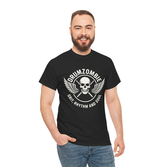DrumZombie Grit, Rhythm and Soul Tee | Winged Skull Graphic Shirt for Musicians, Drummers, and Rock Fans