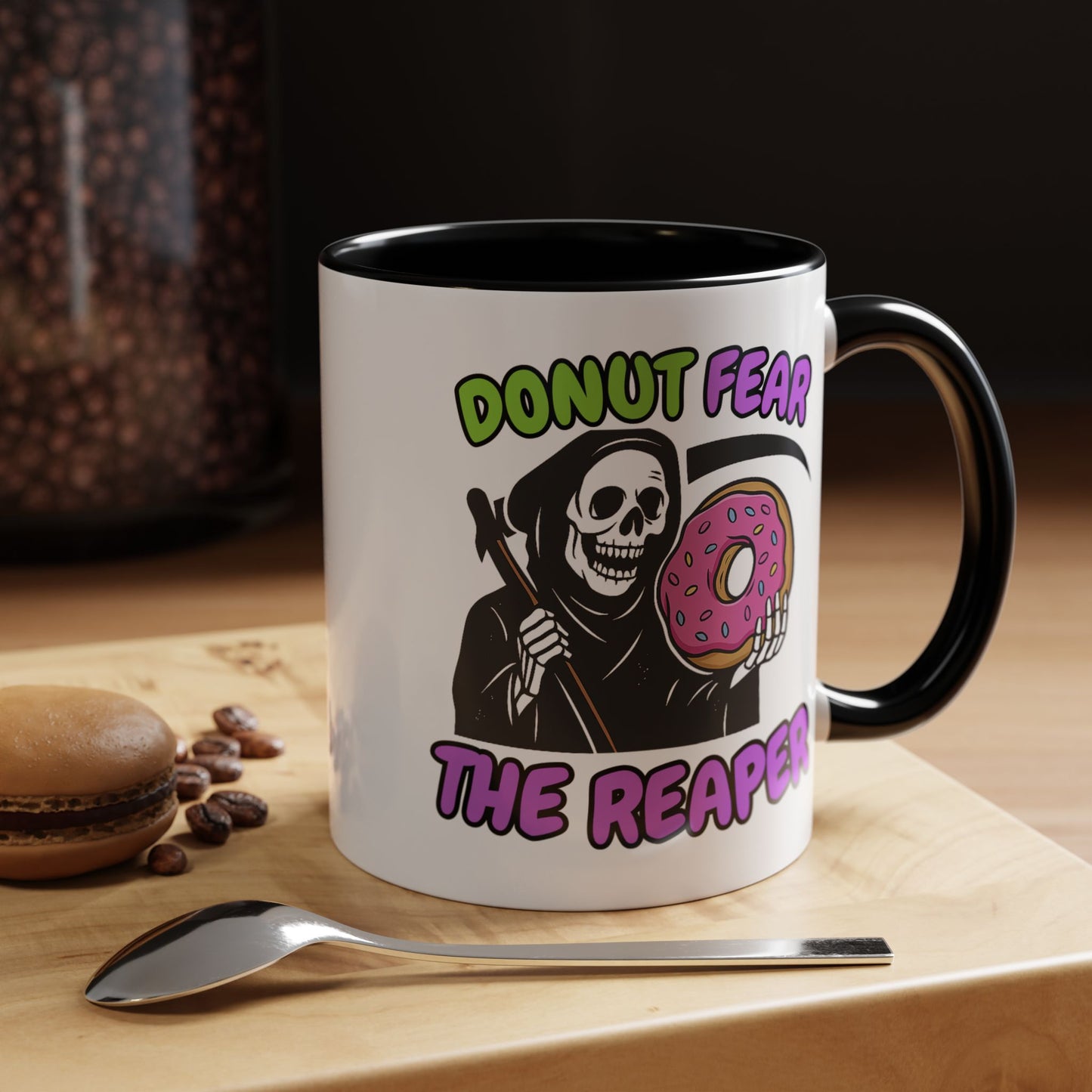 Donut Fear The Reaper Accent Mug | Funny Grim Reaper Coffee Cup | Neon & Black Ceramic Mug | 11oz & 15oz