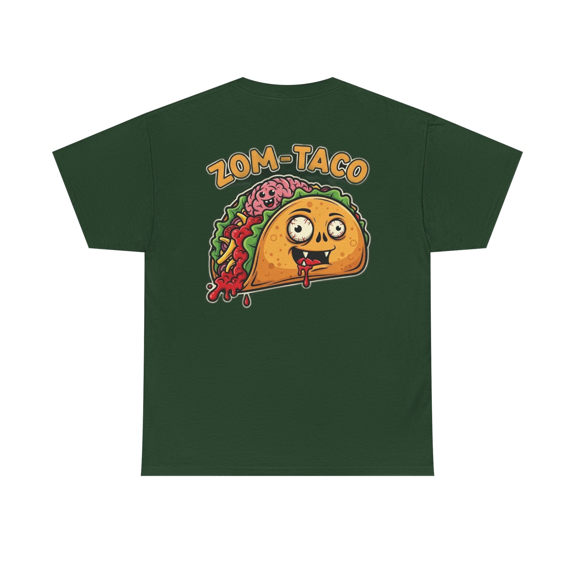 Green t-shirt with a cartoon taco graphic and 'Zom Taco' text on a white background