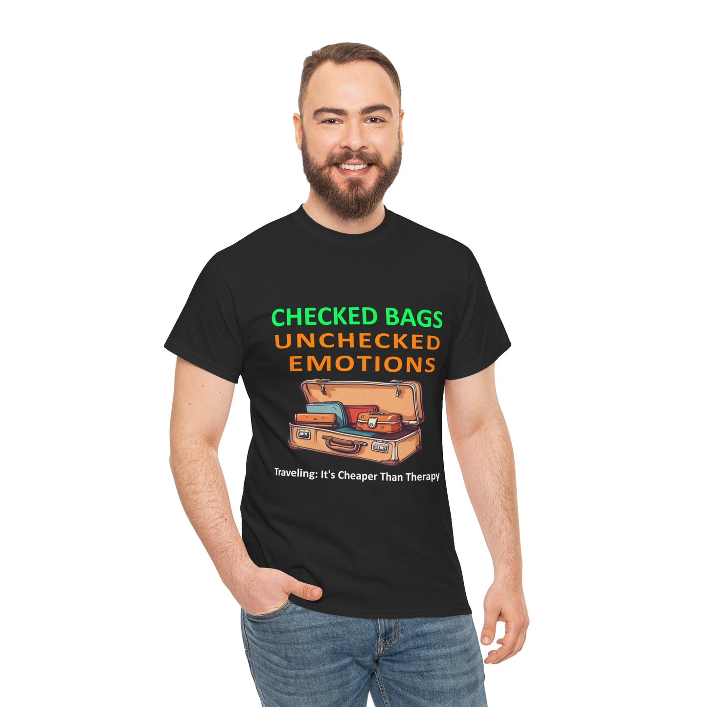 Travel Therapy Tee: Checked Bags Unchecked Emotions | DrumZombie