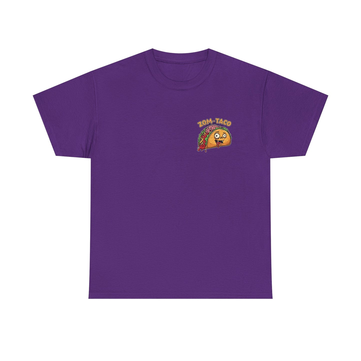 Purple t-shirt with a taco graphic and text on a white background