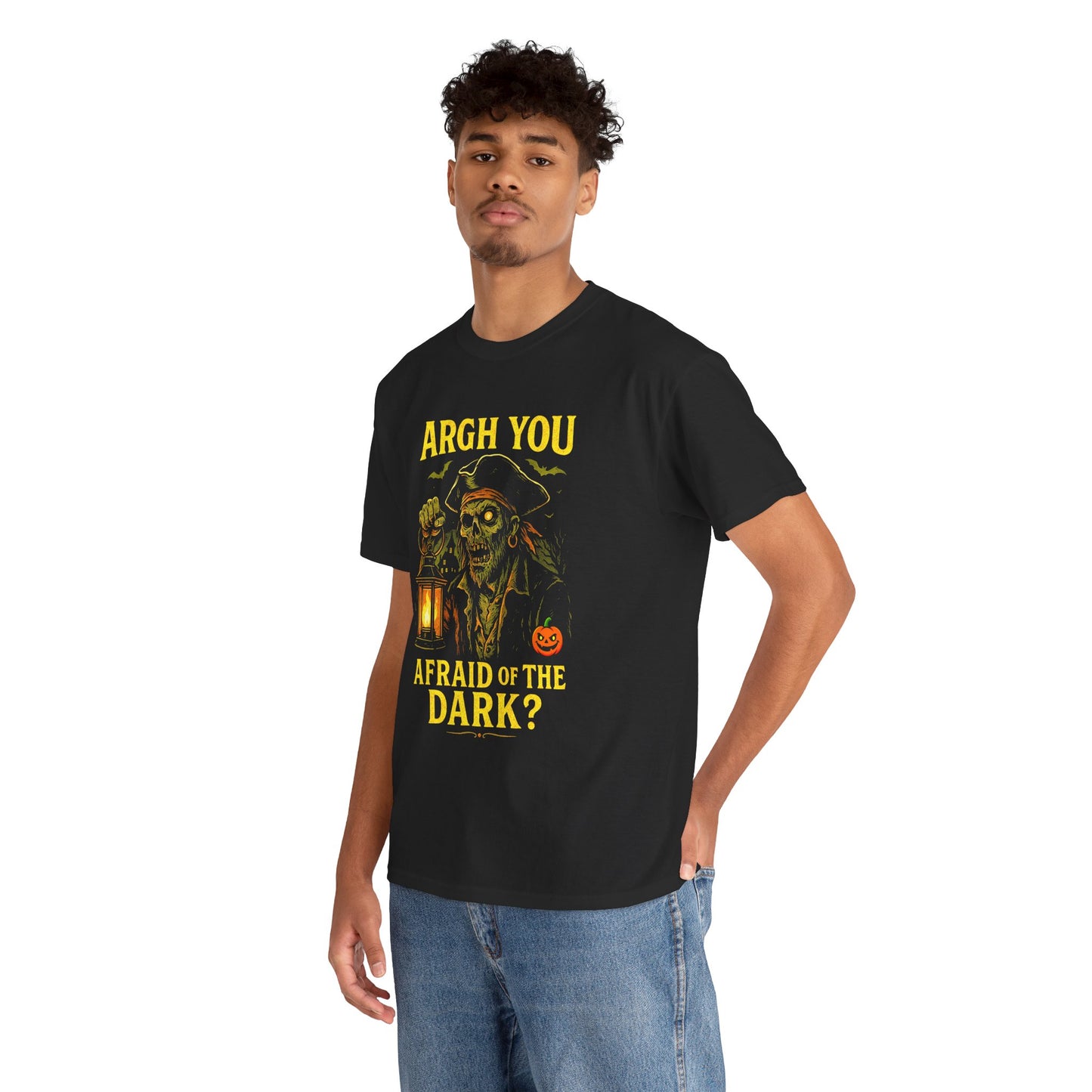 "Argh You Afraid of the Dark?" Zombie Pirate Halloween T-Shirt | Captain Brinehook's Cursed Lantern Tee