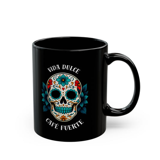 Vida Dulce, Café Fuerte - Spanish Day of the Dead Turquoise Sugar Skull Mug | 11oz & 15oz