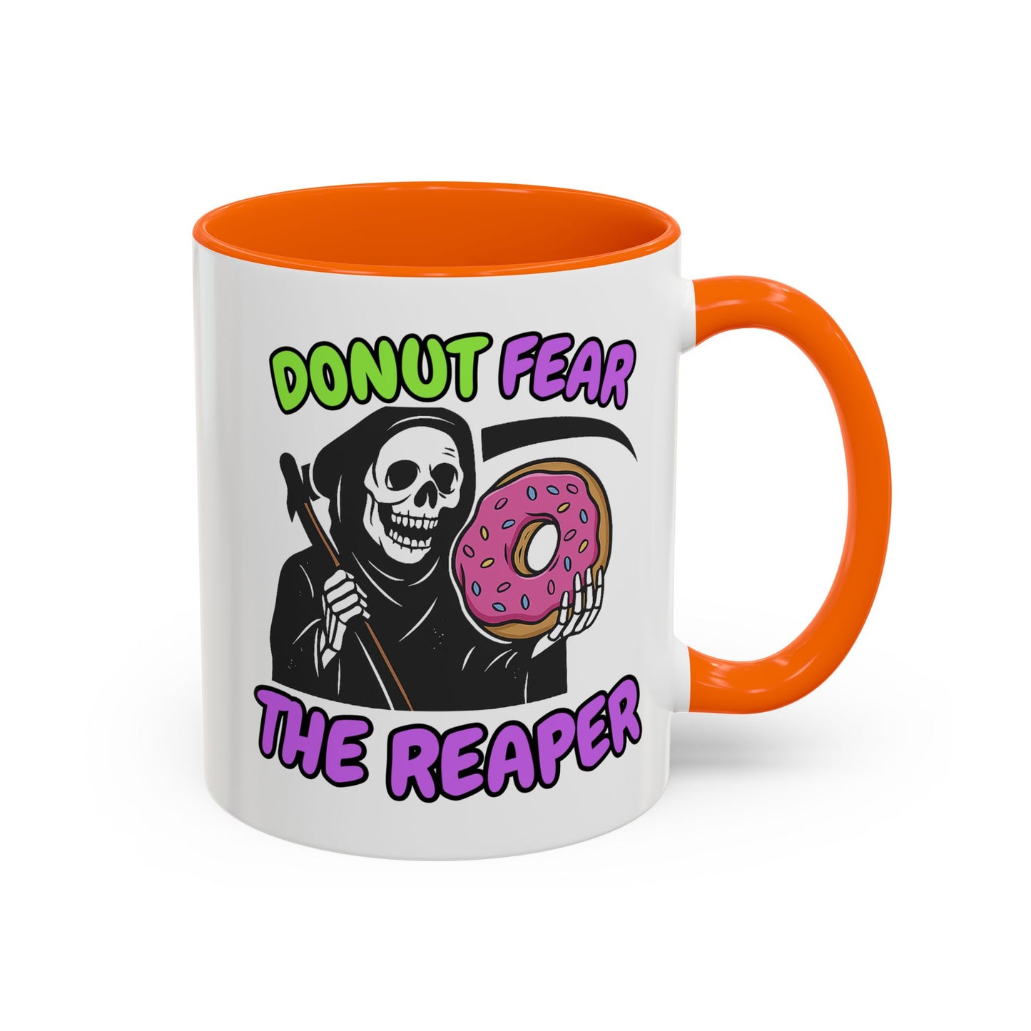 Donut Fear The Reaper Accent Mug | Funny Grim Reaper Coffee Cup | Neon & Black Ceramic Mug | 11oz & 15oz