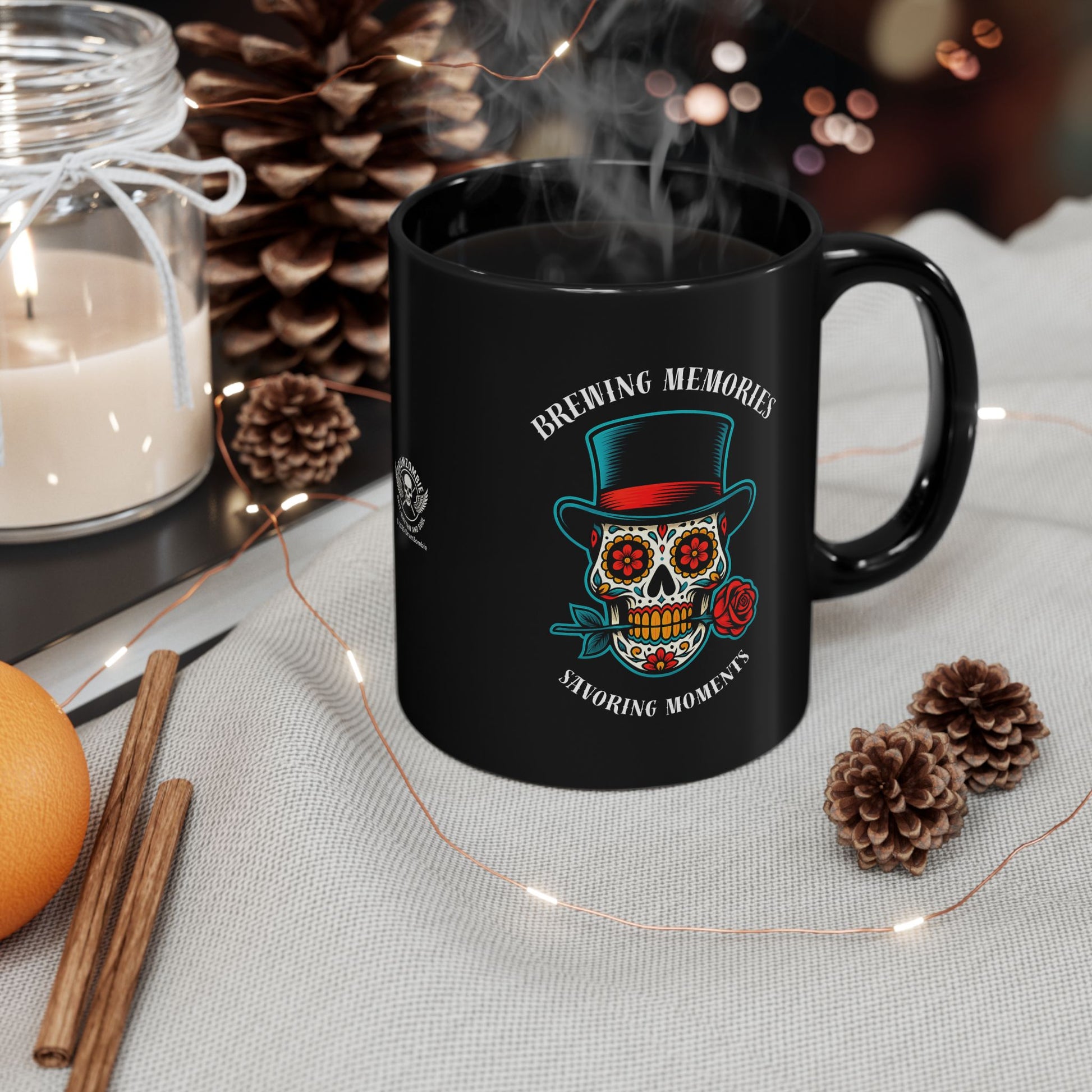 Black ceramic mug with colorful Day of the Dead sugar skull design featuring "Brewing Memories, Savoring Moments" text