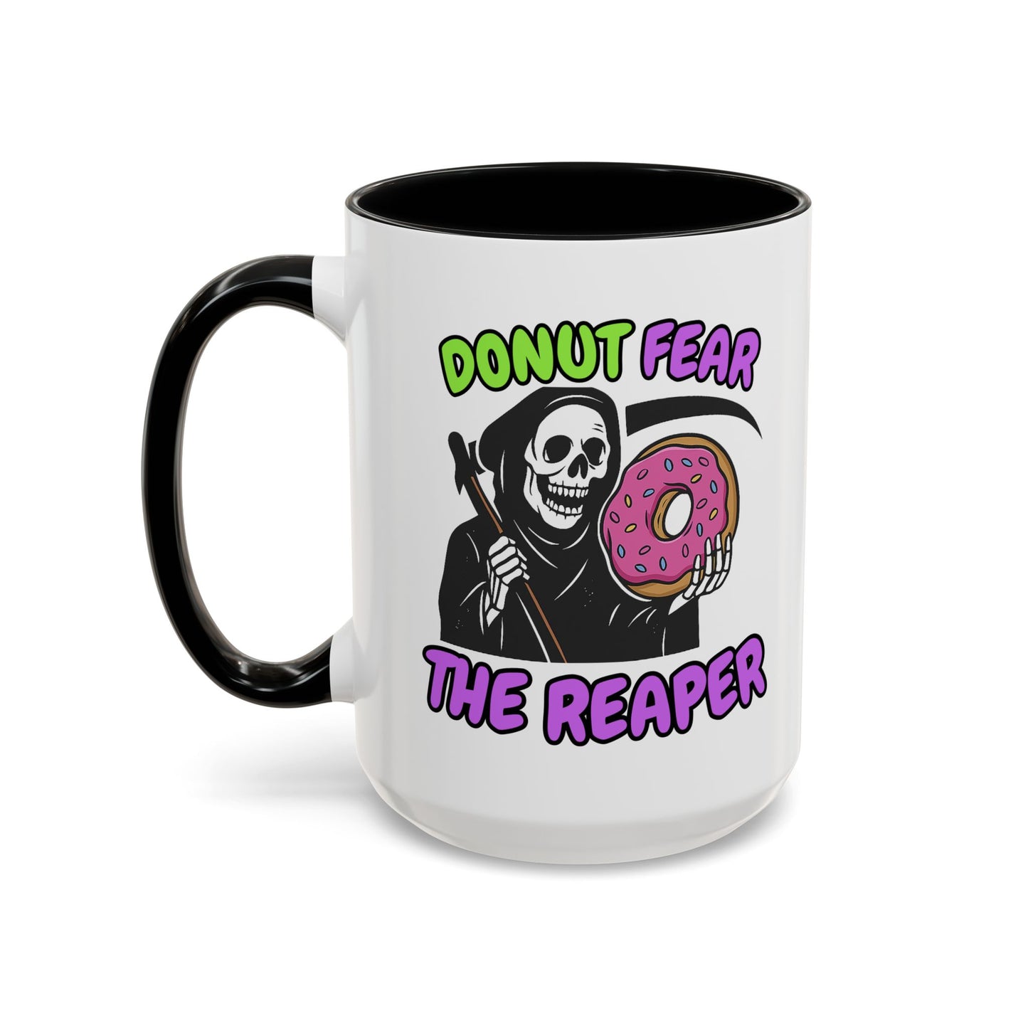 Donut Fear The Reaper Accent Mug | Funny Grim Reaper Coffee Cup | Neon & Black Ceramic Mug | 11oz & 15oz