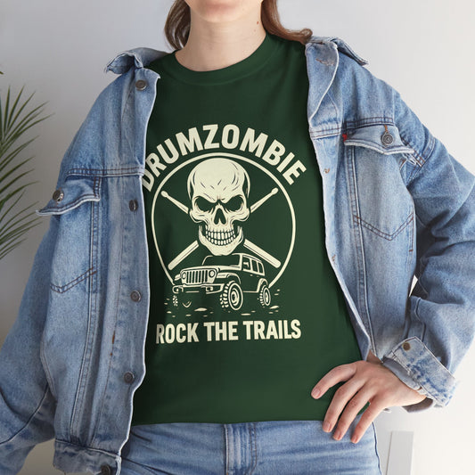 DrumZombie Rock the Trails T-Shirt | Skull & Jeep Graphic Tee for Off-Roaders, Drummers, Music Fans