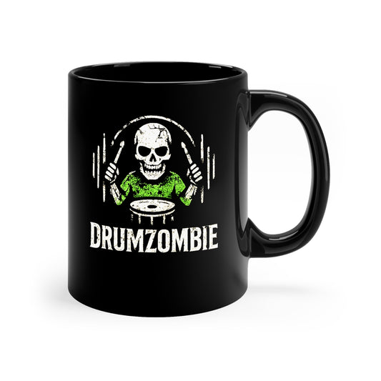 Drumzombie Coffee Mug, Skull Drummer Gift, Black Ceramic Coffee Cup for Musicians, Halloween Decor, Drummer's Present