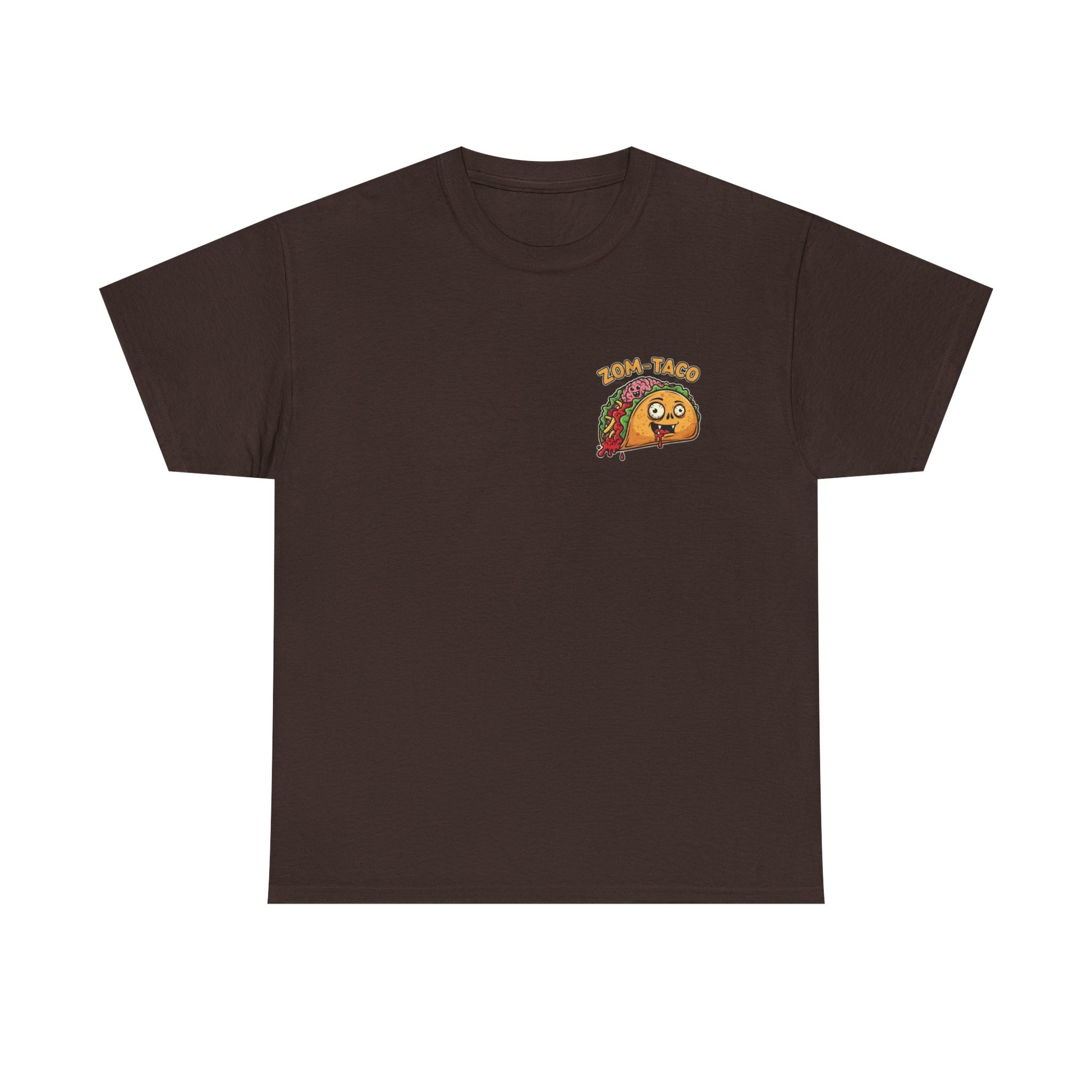 Brown t-shirt with a cartoon taco graphic on a white background