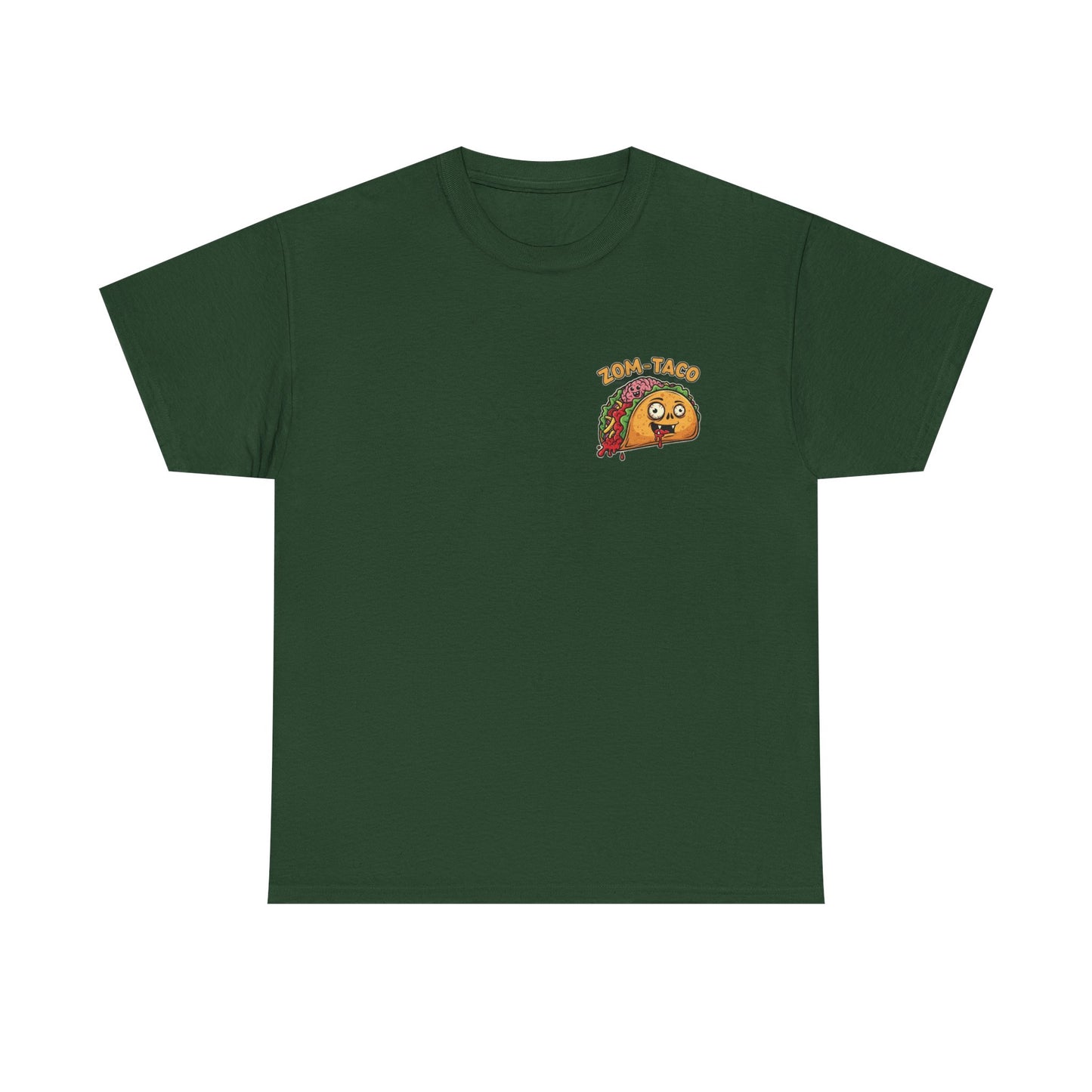 Green t-shirt with a cartoon taco design on a white background