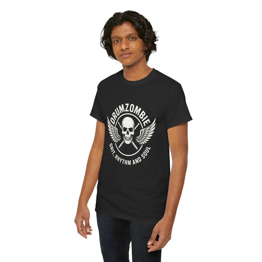 DrumZombie Grit, Rhythm and Soul Tee | Winged Skull Graphic Shirt for Musicians, Drummers, and Rock Fans