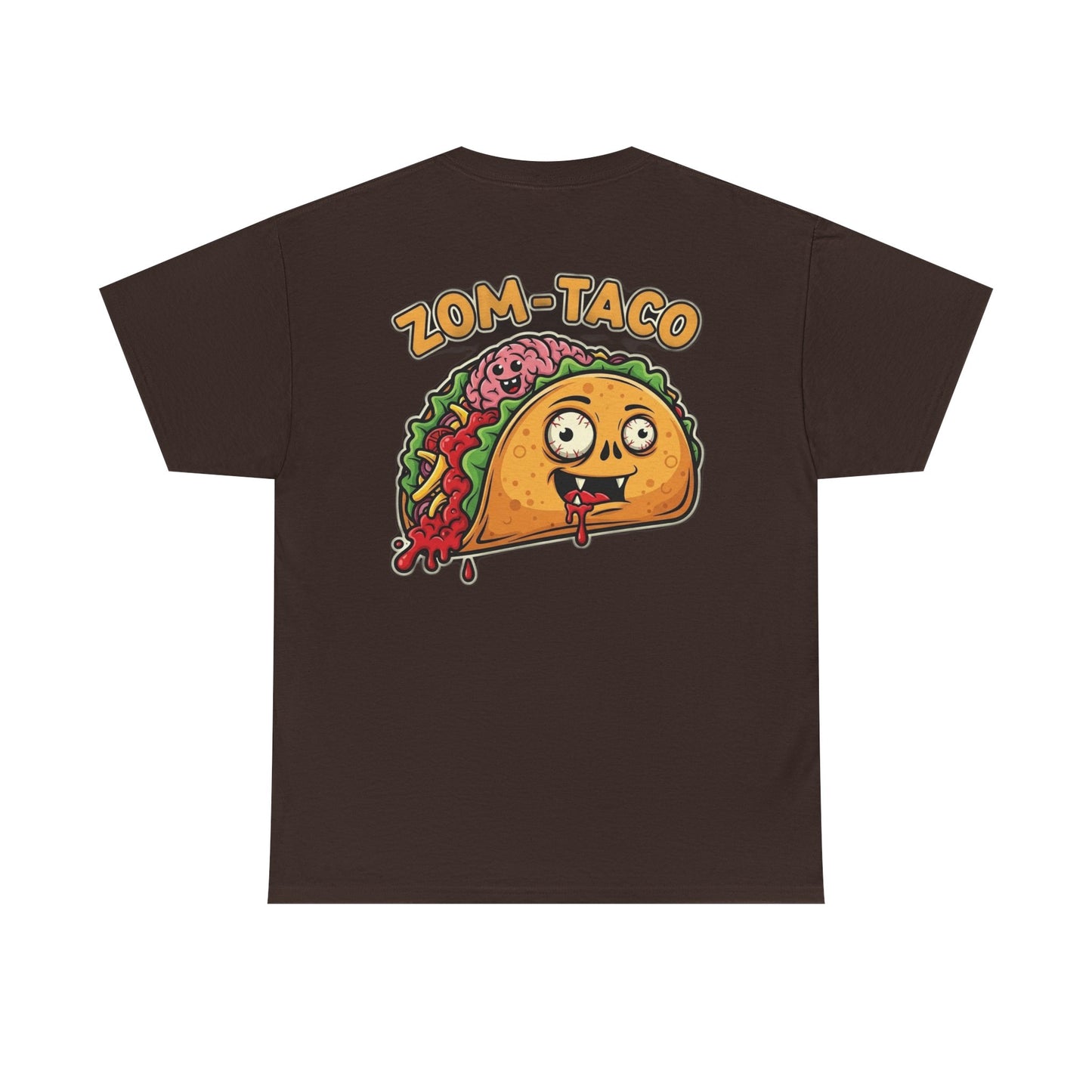 Brown t-shirt with a cartoon taco graphic and 'Zom Taco' text on a white background