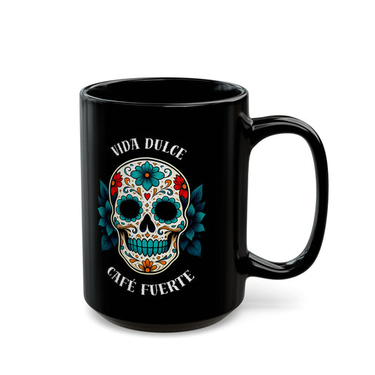 Vida Dulce, Café Fuerte - Spanish Day of the Dead Turquoise Sugar Skull Mug | 11oz & 15oz