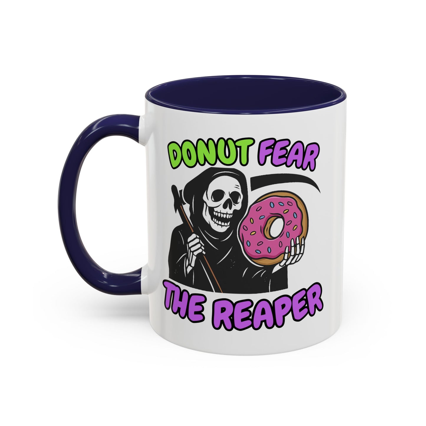 Donut Fear The Reaper Accent Mug | Funny Grim Reaper Coffee Cup | Neon & Black Ceramic Mug | 11oz & 15oz