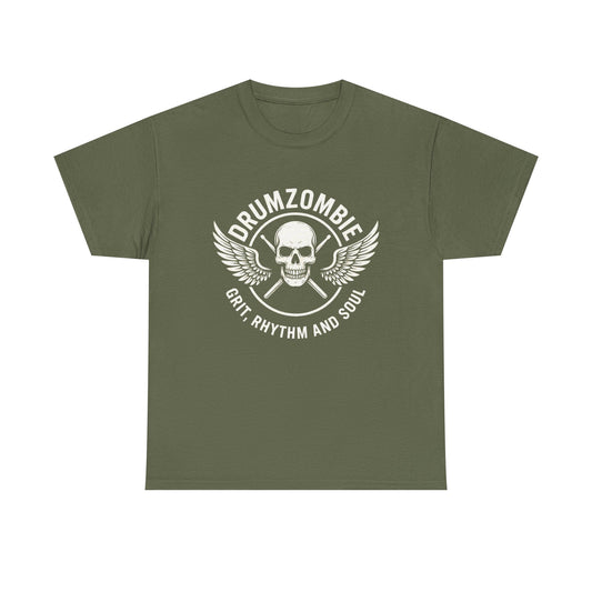 DrumZombie Grit, Rhythm and Soul Tee | Winged Skull Graphic Shirt for Musicians, Drummers, and Rock Fans