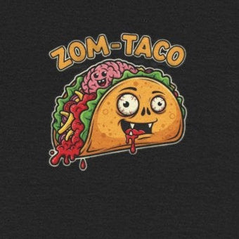 Black t-shirt with a cartoon taco graphic on a white background