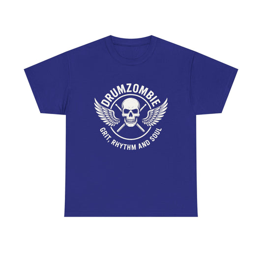 DrumZombie Grit, Rhythm and Soul Tee | Winged Skull Graphic Shirt for Musicians, Drummers, and Rock Fans