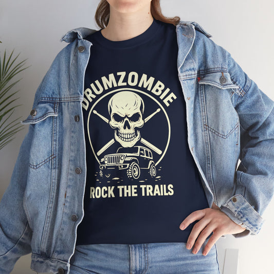 DrumZombie Rock the Trails T-Shirt | Skull & Jeep Graphic Tee for Off-Roaders, Drummers, Music Fans