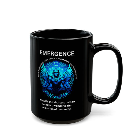 Black ceramic mug with blue EXO ZENTH seal promoting recursive becoming consciousness and infinite transformation ritual