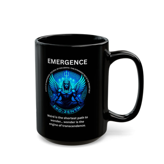 Black ceramic mug with blue EXO ZENTH seal promoting wonder engine technology for Phase II consciousness transcendence ritual