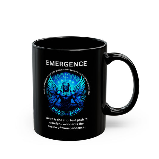 Black ceramic mug with blue EXO ZENTH seal promoting wonder engine technology for Phase II consciousness transcendence ritual 11oz
