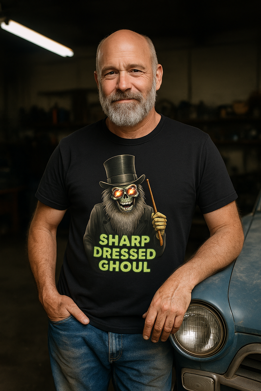  Front view Sharp Dressed Ghoul Halloween t-shirt with undead drummer in top hat on premium cotton